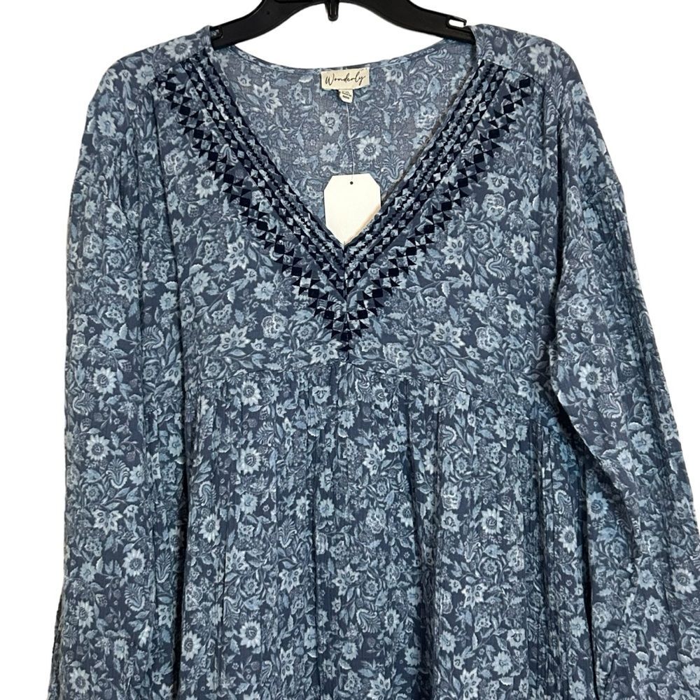 WONDERLY NWT Blue Floral Long Sleeve V-Neck Maxi Dress PXL - Picture 3 of 13